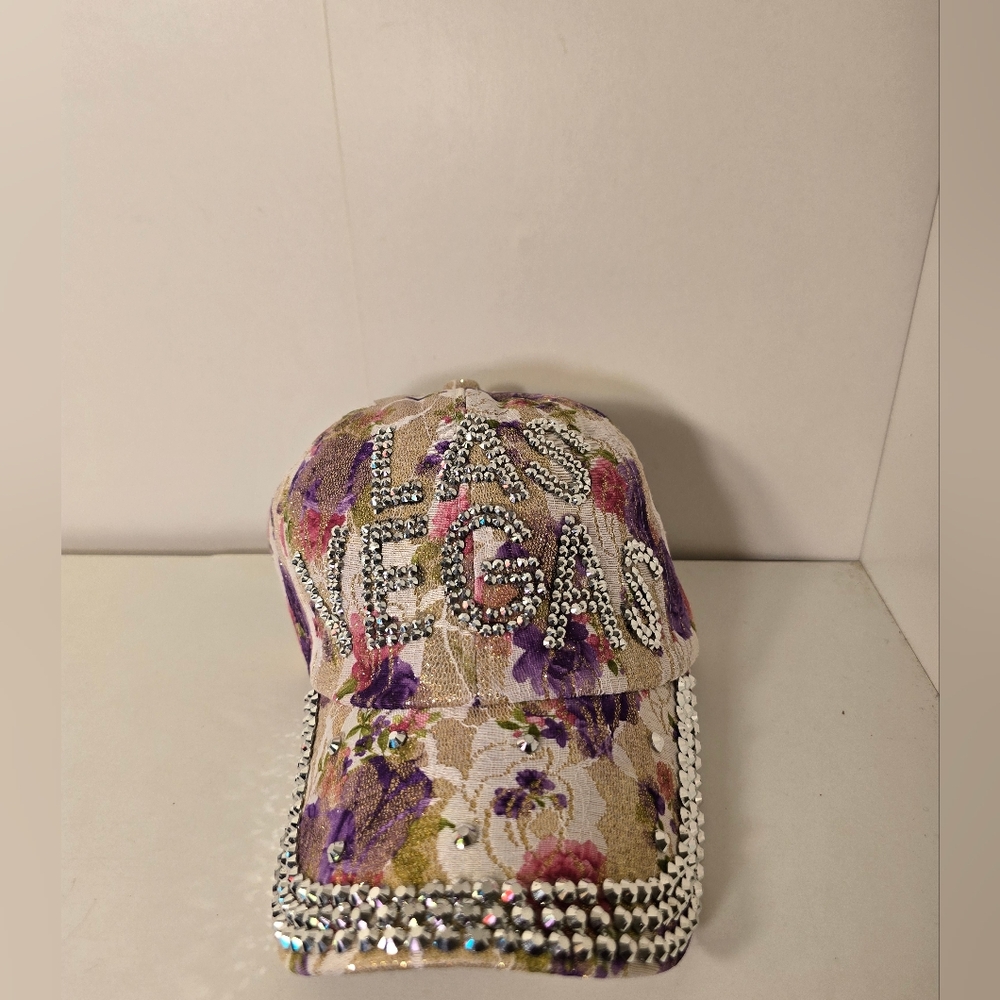 Las Vegas Floral Cap with Rhinestones - Purple and Cream